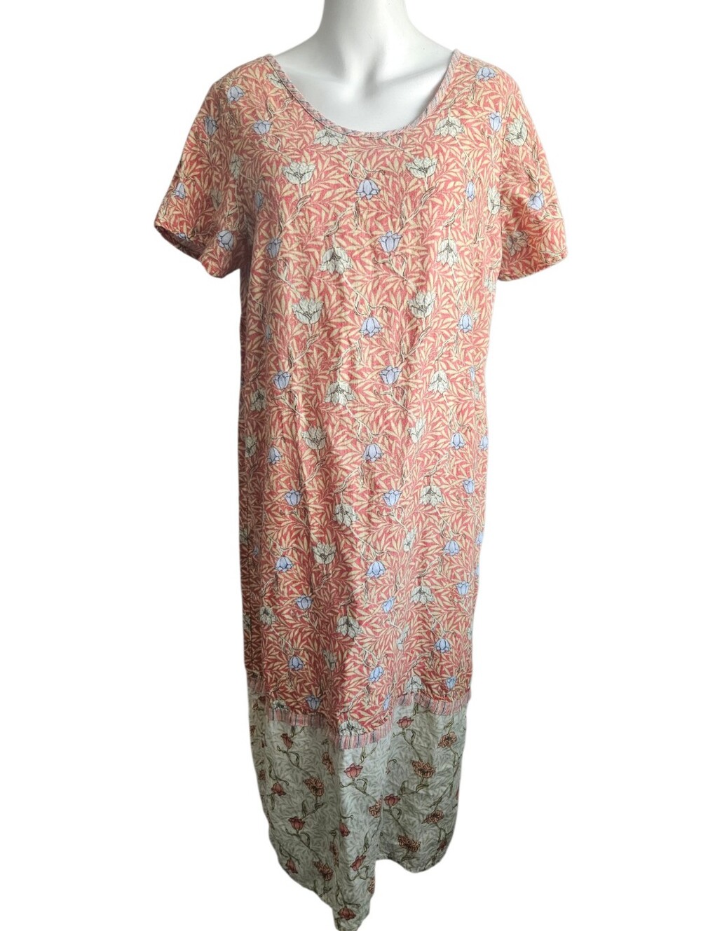 Vintage Flax Coral Pink Linen Floral Midi Dress Women's Medium Boho Cottagecore